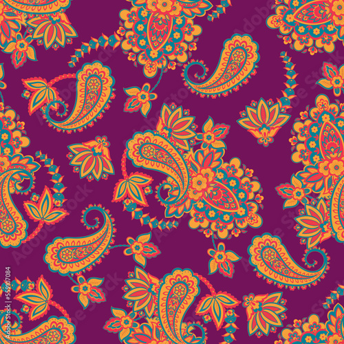 Floral seamless pattern with paisley ornament. Vector illustration in asian textile style