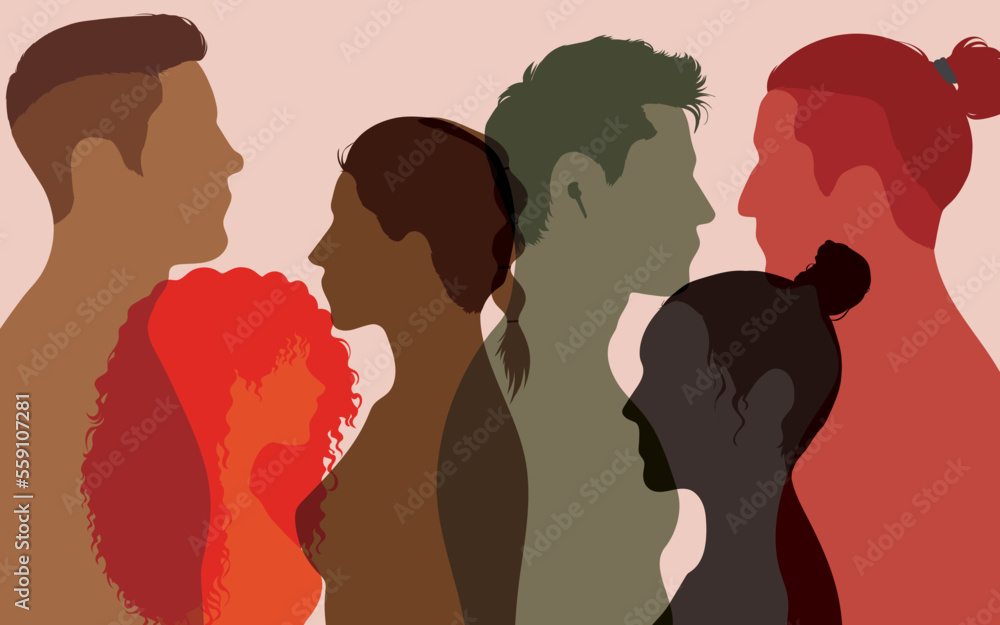Diverse populations and multiracial societies. A profile of an abstract portrait of a diverse group of people. People of different ethnicities and cultures. 