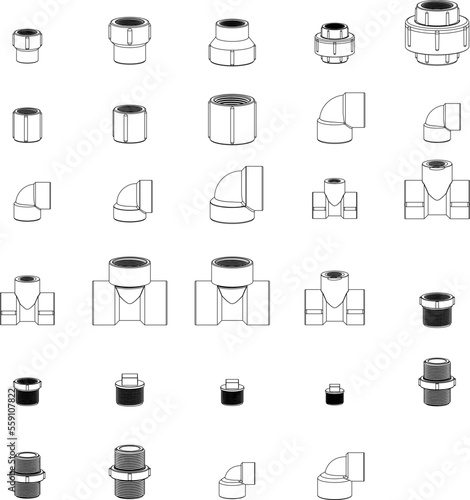 PVC threaded fittings series line drawing artwork vector, uPVC