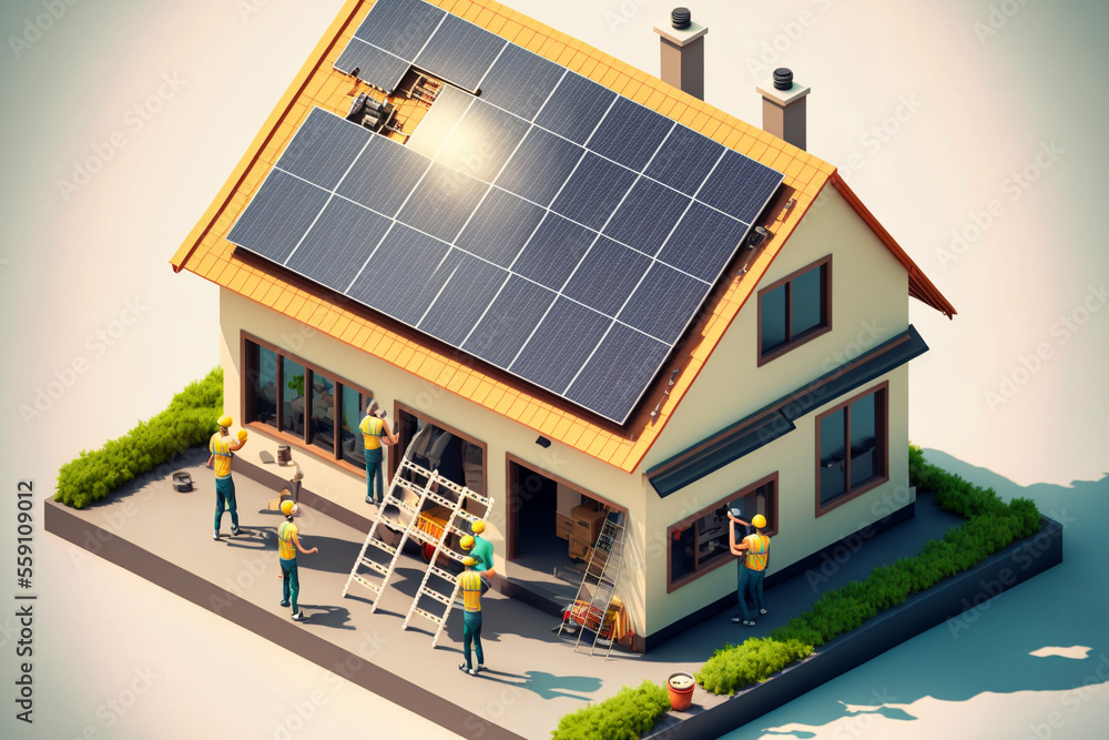 Illustration von Handwerker bei der Installation von Solarpanele auf dem Dach. Illustration von Handwerker bei der Installation von Solarpanele auf dem Dach.