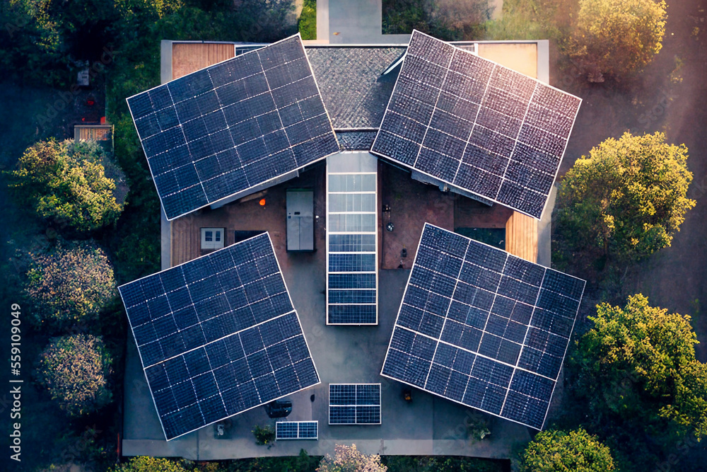 Drohnenaufnahme von Solarpanele für erneuerbarer Energie auf dem Dach.