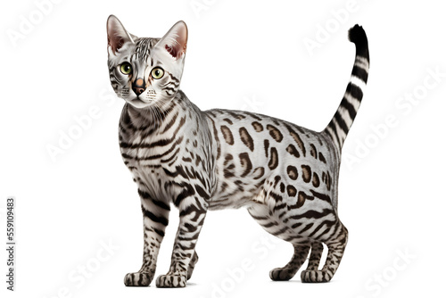 Silver bengal cat sitting on a isolated white background  Generative AI