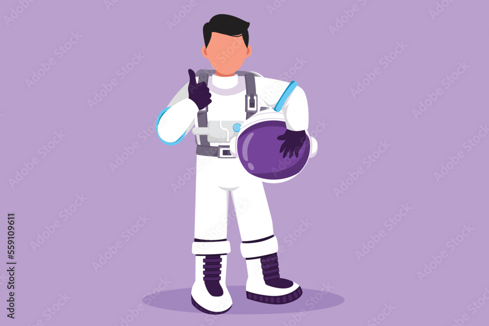 Character flat drawing astronaut stands with thumbs up gesture wearing spacesuit exploring earth, moon, other planets in universe. Spaceman start space expedition. Cartoon design vector illustration