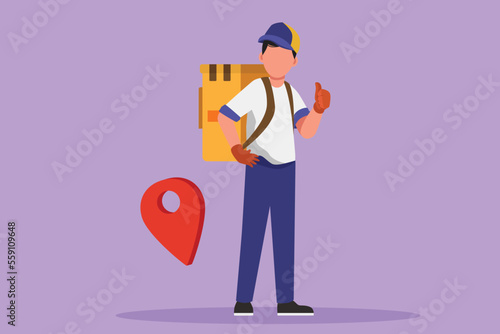 Cartoon flat style drawing delivery man standing with thumbs up gesture and pin map icon. Carrying package box that the customer has ordered to be delivered safely. Graphic design vector illustration