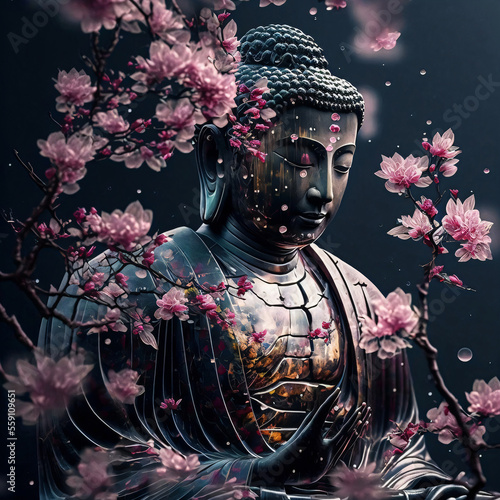 Buddha statue with cherry blossom. Mediation and zen concept. Designed using generative ai.  photo