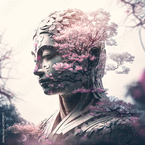 Buddha statue with cherry blossom. Mediation and zen concept. Designed using generative ai. 