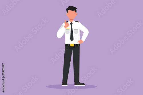Graphic flat design drawing male flight attendant standing in uniform with thumbs up gesture prepare at airport for flying and serve passengers to their destination. Cartoon style vector illustration