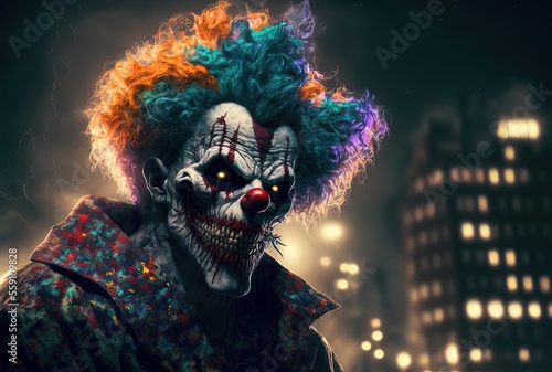 illustration of a evil clown wearing evil makeup scary face look at you with urban cityscape background