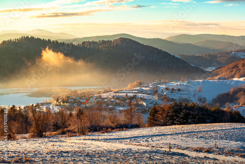 Morning sunrise in the calm mountain village, Bieszczady, Poland