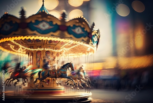 Fotobehang blur defocused illustration of amusement park at evening, carousel spinning with