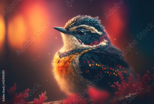 illustration of beautiful close up portrait of colorful bird in nature © QuietWord