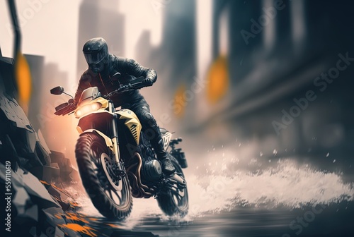 motorcycle rider take turn at corner on wet ground, water splashing, blur urban city background, Generative Ai 