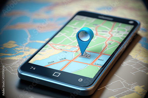 Smartphone and gps icon with map. Technology and transportation concept. Generative AI
