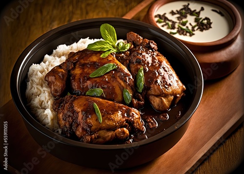 illustration of Filipino traditional dish, Chicken Adobo serve with rice  photo