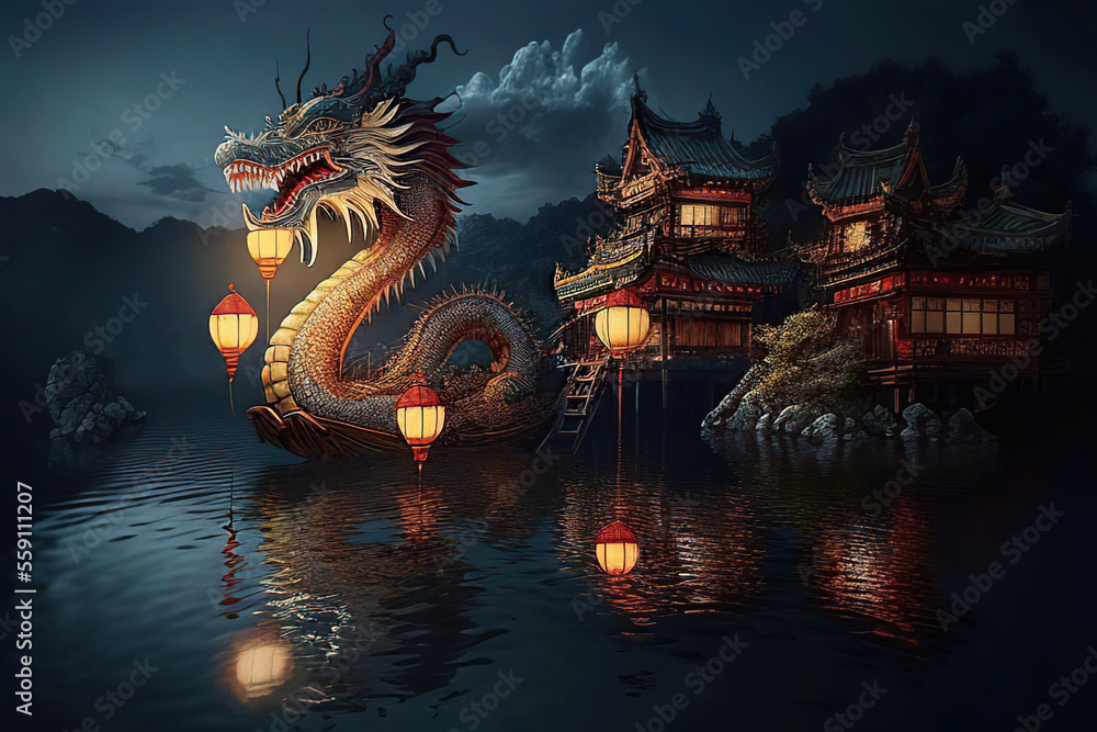 Fototapeta premium Wonderful fantasy landscape with a chinese dragon near the traditional chinese houses and the lake, glowing chinese lanterns, twilight scene, fairy tale, Generative AI
