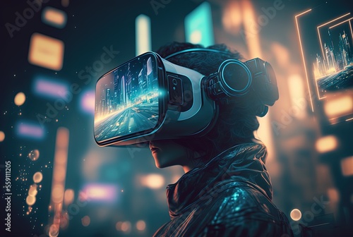 illustration of a handsome man wearing VR headset with cyber theme light glow and neon light trail, background with future cityscape, Generative Ai