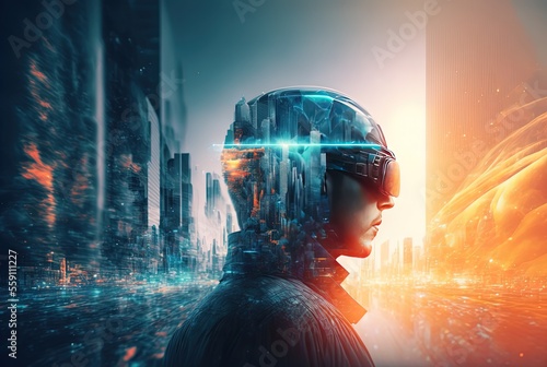 illustration of a handsome man wearing VR headset with cyber theme light glow and neon light trail, background with future cityscape, Generative Ai