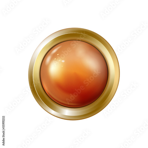Circle realistic glossy brown or copper button, golden rim, icon isolated. Technology Ui for interface apps. Orange Round object for your design. Vector