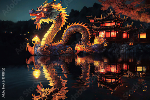 Wonderful fantasy landscape with a chinese dragon near the traditional chinese houses and the lake, night scene, fairy tale, Generative AI © Eva