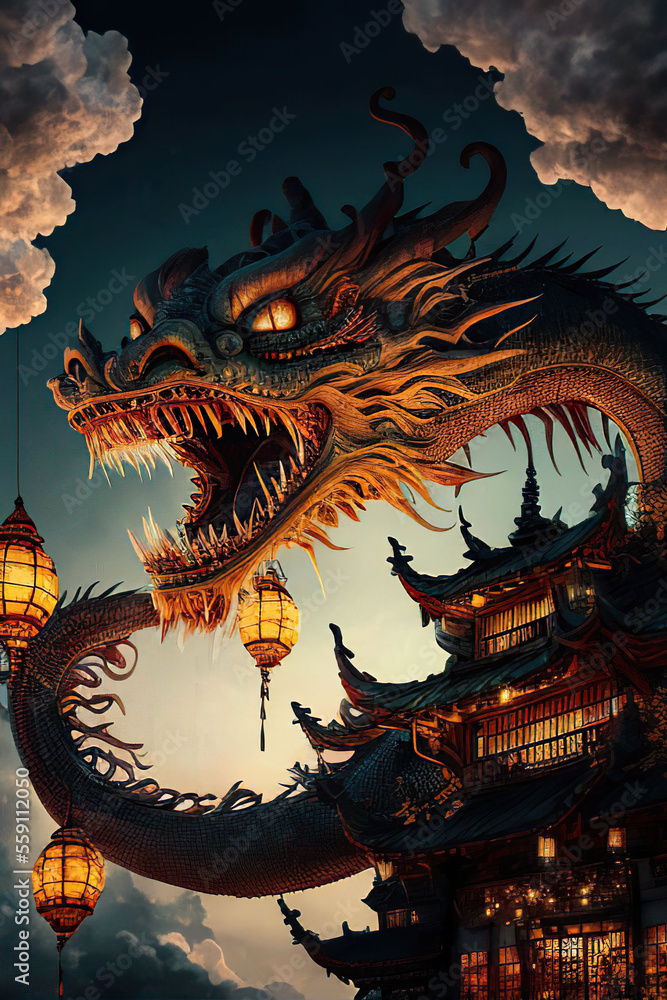 Obraz premium Wonderful fantasy chinese dragon with glowing eyes and open mouth above the traditional chinese houses in the sky, chinese lanterns, Generative AI