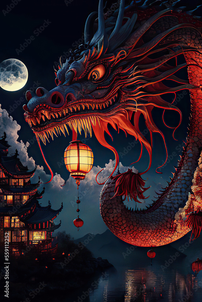 Fantasy red chinese dragon with a chinese lantern above the chinese houses and the lake, Chinese Lantern Festival, fantasy night scene with the full moon, Generative AI Fantasy red chinese dragon with a chinese lantern above the chinese houses and the lake, Chinese Lantern Festival, fantasy night scene with the full moon, Generative AI
