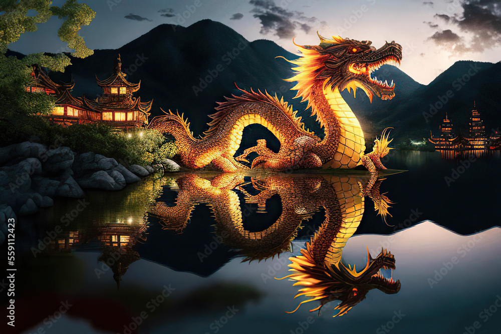 Beautiful fantasy chinese dragon on the lake, reflection in water, Generative AI