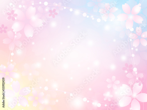 カラフルな桜の背景、キラキラの春フレーム
