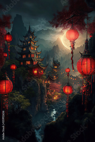 Beautiful fantasy mountain chinese town decorated for the Chinese Lantern Festival with red glowing chinese lanterns, twilight scene, Generative AI