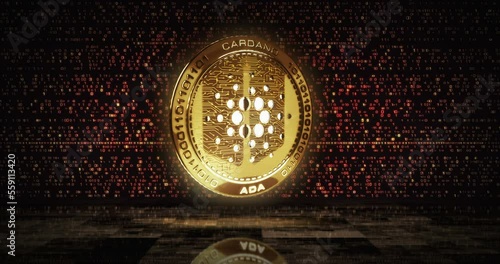 Cardano ADA cryptocurrency gold coin on digital screen loopable background. Rotating golden metal looping abstract concept. 3D loop seamless animation. photo
