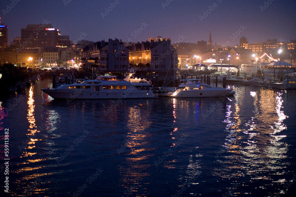 Portland's Old Port district seen at dusk from a ship arriving in Portland Harbor Portland's Old Port district seen at dusk from a ship arriving in Portland Harbor