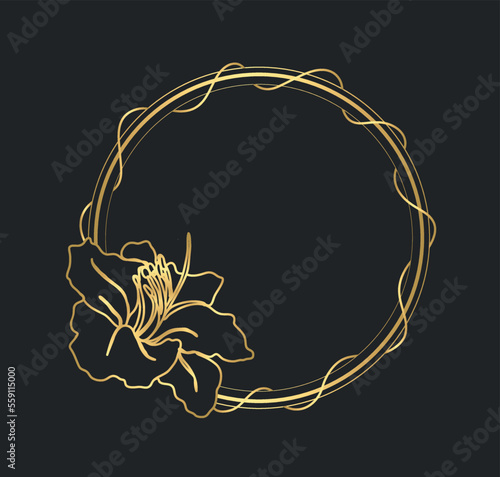 Golden round frame with lily flower. Golden luxury border. Vector illustration