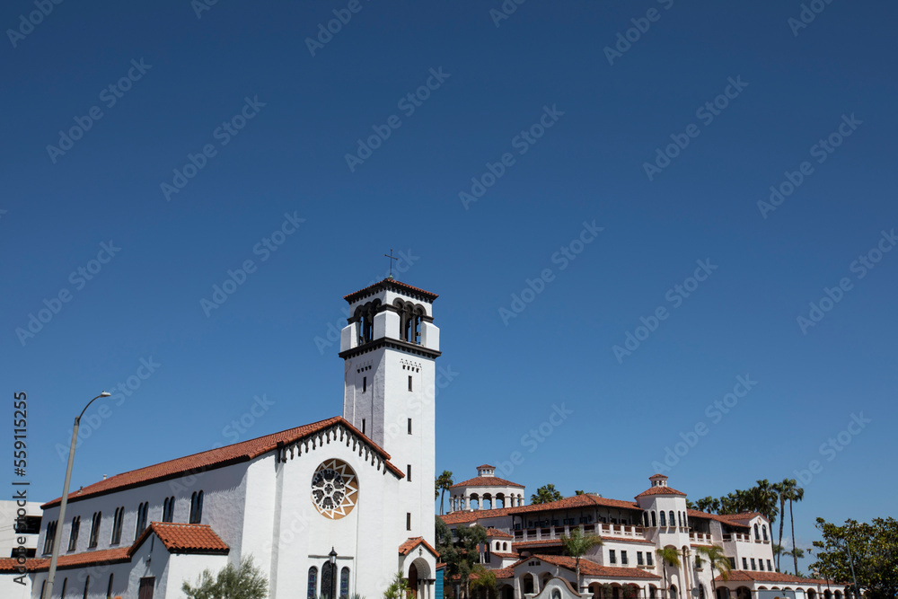 Daytime view of a historic church in the urban core of Costa Mesa, California, USA.