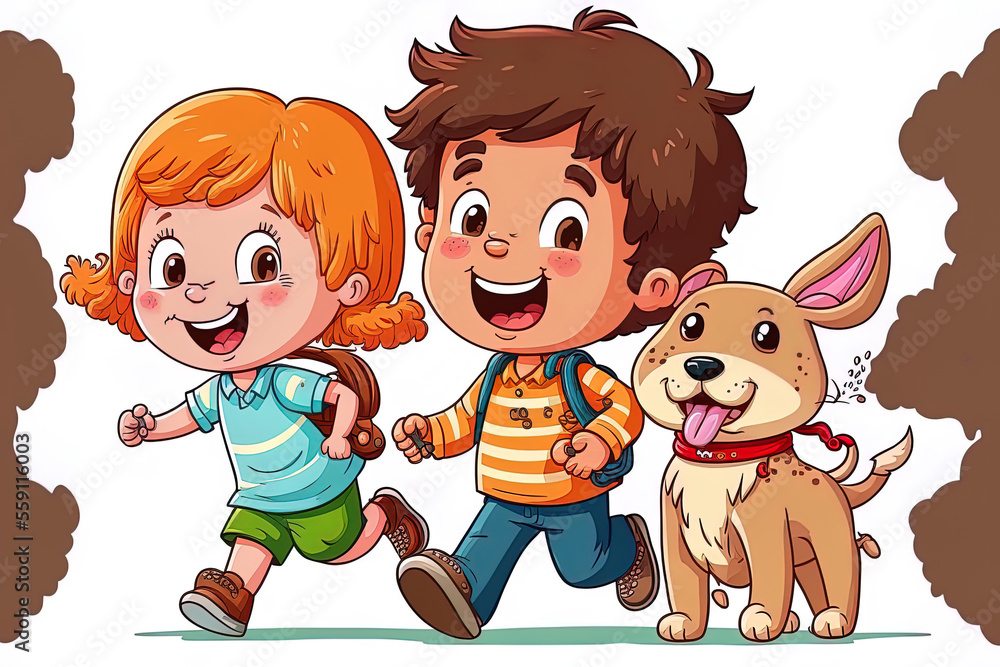 Cartoon children playing with their dogs. Generative AI Stock Illustration | Adobe Stock