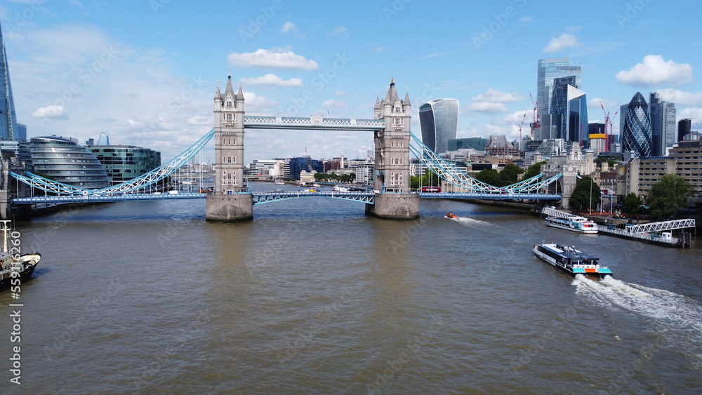 Obraz premium Tower bridge city of London summer Drone, Aerial, view from air, birds eye view,