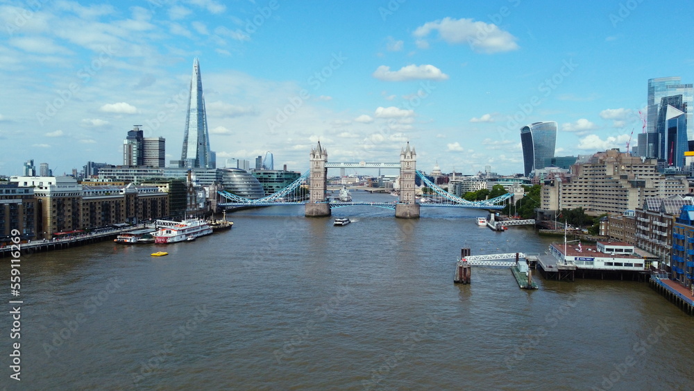 Tower bridge city of London summer Drone, Aerial, view from air, birds eye view,