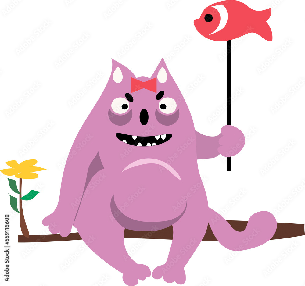 A fat pink cat holds a fish-shaped balloon in its paw. Cartoon.
