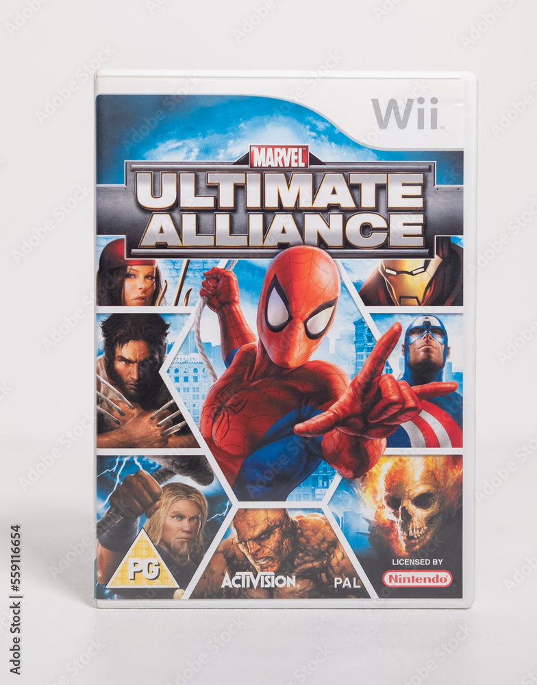 Obraz premium Kent, england 01.01.2023 Nintendo wii marvel ultimate alliance game on a white isolated background. iconic retro vintage video gaming machine. Japanese technology family gaming fun.