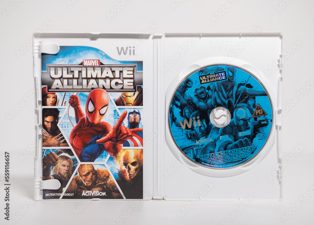 Naklejka premium Kent, england 01.01.2023 Nintendo wii marvel ultimate alliance game on a white isolated background. iconic retro vintage video gaming machine. Japanese technology family gaming fun.