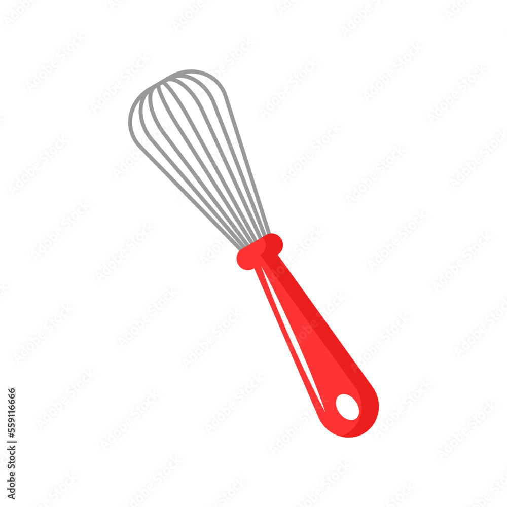 Whisk vector illustration isolated on white background. Cartoon red whisk flat kitchen tools