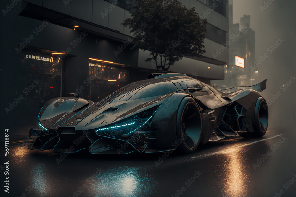 Colorful, surreal futuristic supercar in a night city. Generative AI. Car of the future. The most beautiful supercar.