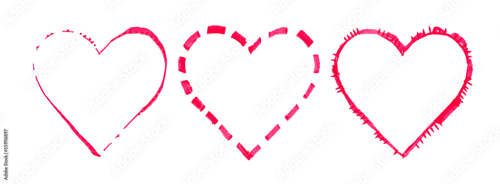 Set of red hand drawn heart. Handdrawn rough marker hearts isolated on white background. Marker illustration for your graphic design.