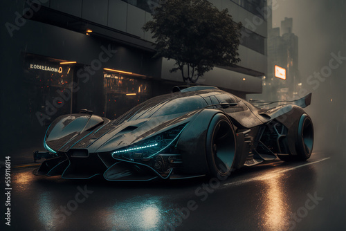 Colorful, surreal futuristic supercar in a night city. Generative AI. Car of the future. The most beautiful supercar.