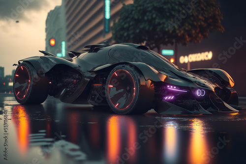 Colorful, surreal futuristic supercar in a night city. Generative AI. Car of the future. The most beautiful supercar. © UIMEGA