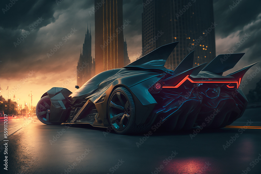 Colorful, surreal futuristic supercar in a night city. Generative AI. Car of the future. The most beautiful supercar.