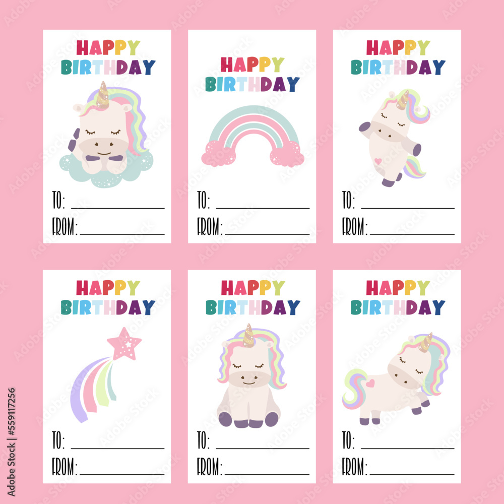 Cute Unicorn tags. Printable Gift tags with Happy Birthday Stock Vector ...