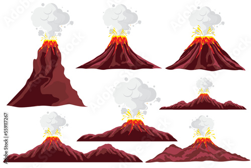 Vector illustration of an erupting volcano. Erupting volcano collection isolated. Volcanic natural disasters erupt with hot lava