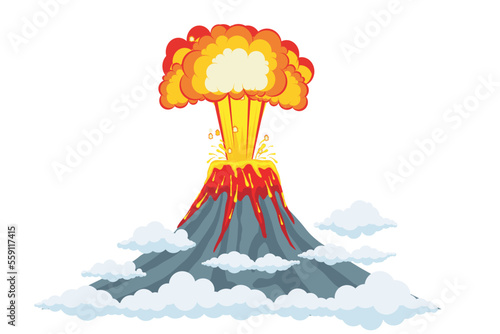 Vector illustration of an erupting volcano. Volcano erupting isolated. Volcanic natural disasters erupt with hot lava