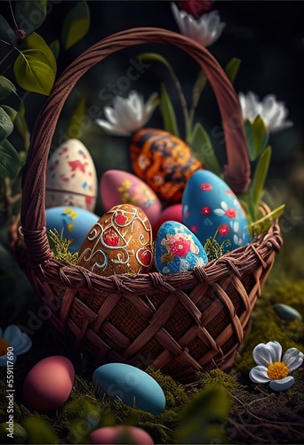 basket of easter eggs in the park Ai generative photo