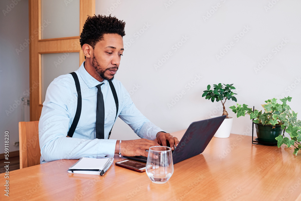 Fototapeta premium Businessman working with laptop computer at home.