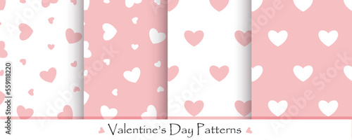 Valentine's day seamless pattern set. Cute Love set patterns with pink and white hearts. © Helen